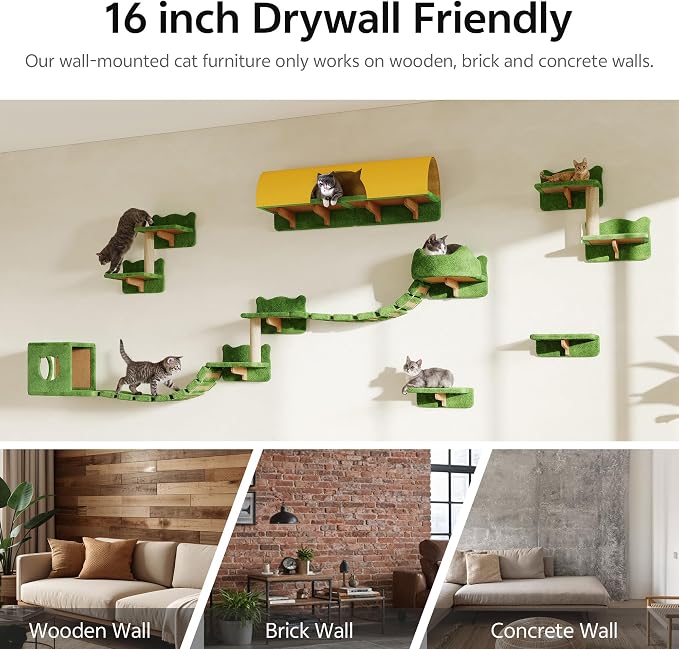 Cat Wall Furniture, 9 in 1 Cat Wall Shelves Set with Bridge, Beige | Wall Mounted Cats Shelf for Space-Saving, Multi-Level Cat Climbing Systems for 16 Inch Drywall, with Scratching Posts, Condos