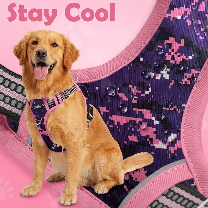 Dog Harness No Pull, Adjustable Pet Vest Harness, Super Soft Material with Vertical Handle Easy Control, Reflective Night Walking, 2 Leash Clips for Large Dogs, Mosaic Pink, L