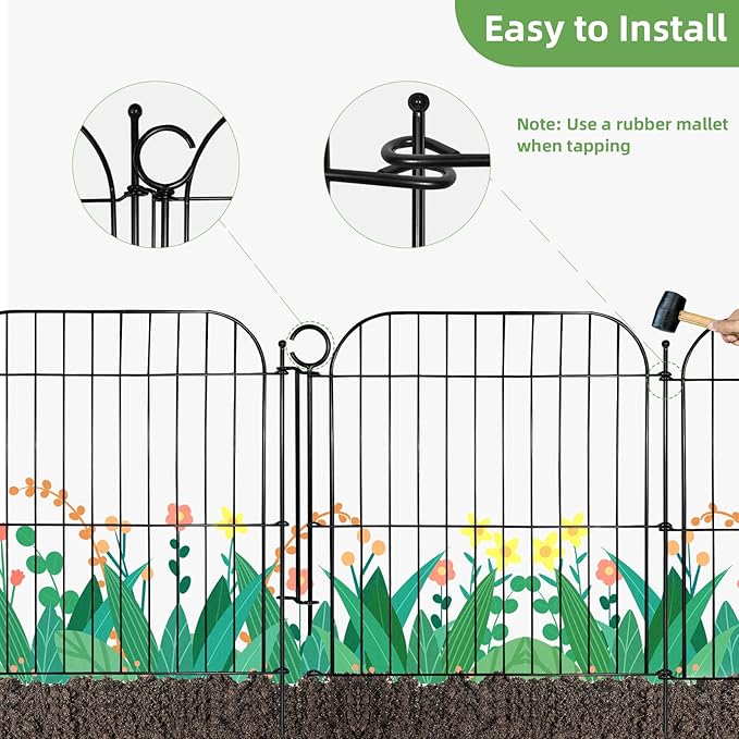 5 Panels No Dig Decorative Outdoor Garden Fence with Gate, 24 in(H) x 10 ft(L) Rustproof Metal Wire Panel Border for Yard & Patio Decor, Temporary Animal Barrier Fencing for Dog and Small Pets