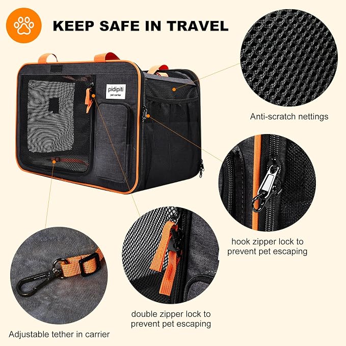 Pidipiti 20 x 14 x 14 Expandable car Travel Carrier for 1 Small-Medium cat,with a Portable Leakproof Litter Box