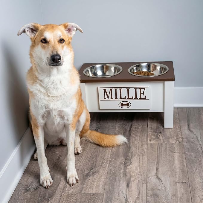 Elevated Dog Bowls for Large Dogs, Personalized Food Stand for Large Breed | Farmhouse Style, Elevated Wood Stand, Storage Container, Stainless Steel Bowls, Raised Anti-Slip Feeder, Made in USA