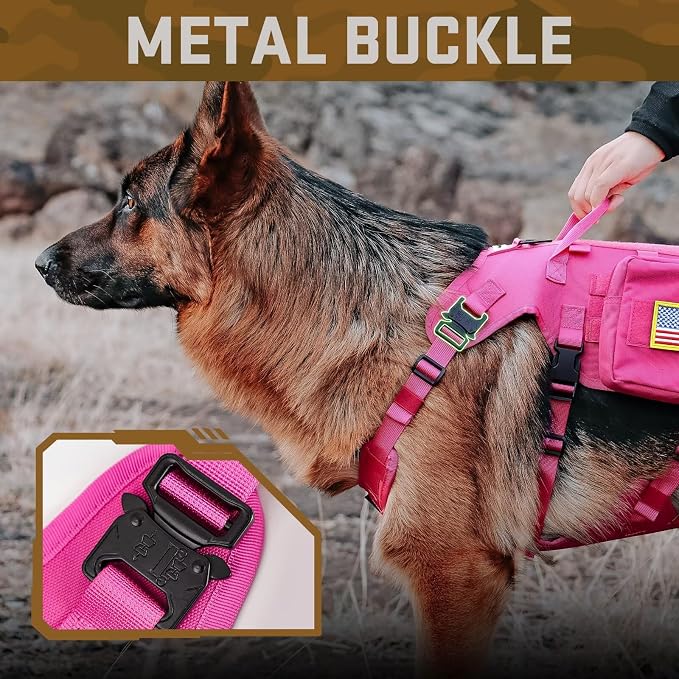 Forestpaw Tactical Dog Harness Collar Bungee Leash Set,L,Hot Pink | Adjustable Fits 27-40" Chest,70-140 lbs,No Pull Control Military,Quick Release Buckle,Walking Training for Medium Large Dogs