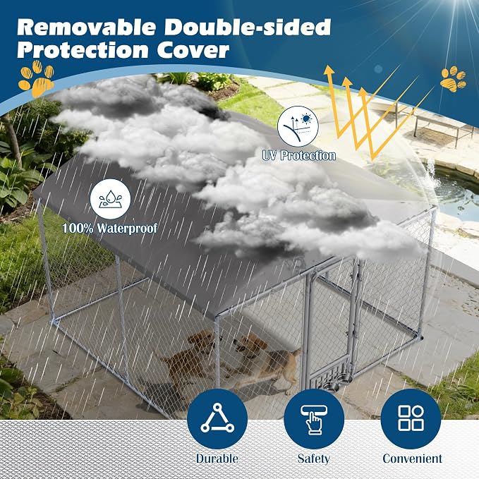 10×10×7 FT Outdoor Dog Kennel Enclosure w/Roof, Rotating Feeder | Large Heavy Duty Dog Run Playpen with 2 Stainless Bowls, Galvanized Pet House with Secure Lock, Waterproof Cover