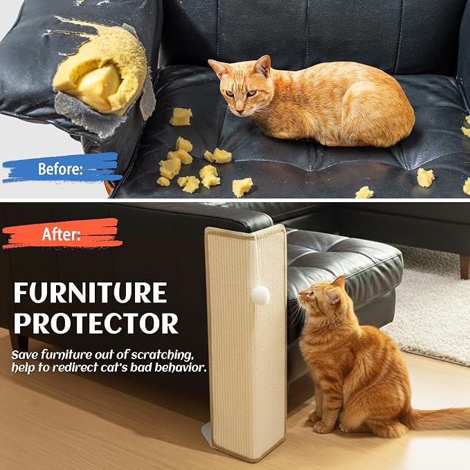 PETKARAY 27.9'' Cat Scratching Post for Couch Corner, Furniture Protector | Under-Furniture Cat Scratcher, Natural Sisal Scratch Pad, Anti Scratch Couch Protector for Indoor Cats with Toy Ball