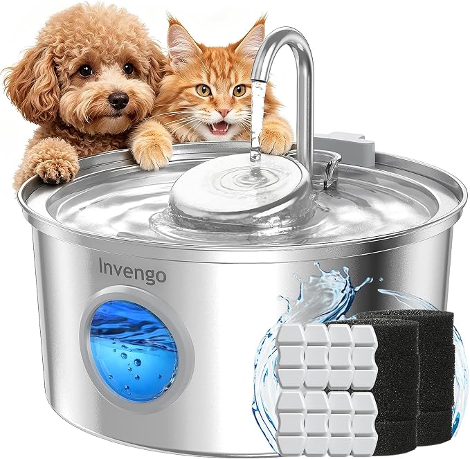 Invengo Cat Water Fountain Stainless Steel, 3.2L/108oz Pet Drinking Fountain for Cats Dogs, Automatic Cat Fountain with 2 Flow Modes, Splash-Proof Bowl, Includes 8 Replacement Filters