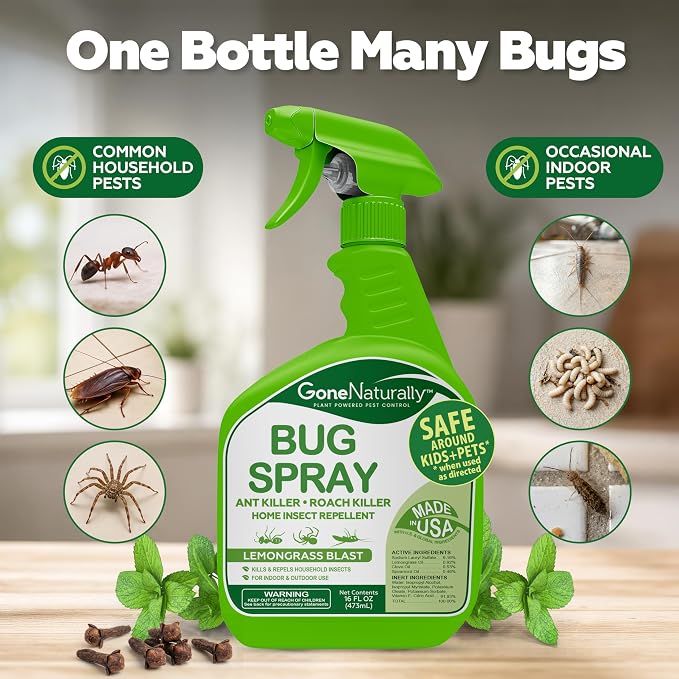 Lemongrass Bug Spray for Home– Extra Strong Insect Repellent & Bug Spray for Home– Kills & Repels Ants, Roaches, Spiders & More– Safe Around Kids & Pets– Indoor & Outdoor Use (16oz)
