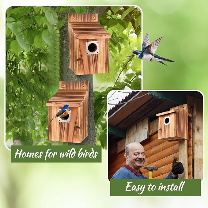 4-Piece Outdoor Bird House Set, Bird Houses for Outside with Metal Guards, Safety Locks, Flight Slots, & Ventilation, Bluebird Houses with 1-1/2" Entrance for Bluebirds, Wrens, Finches