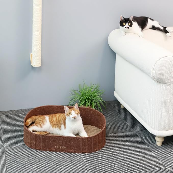 FUKUMARU Cat Scratcher, 24 Inch Sofa Shape Cat Scratching Bed Couch Indoor | Oval Felt Cat Scratcher Bed with Reversible Detachable Cat Scratching Boards, Round Cats Scratch Pads Refill, Caramel