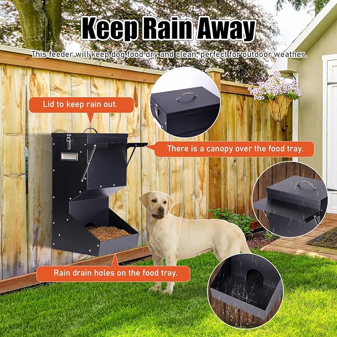 Outdoor Automatic Dog Feeder Large Breed 25 lbs Gravity Dog Feeder | Galvanized Metal Self Feeding Dog Food Dispenser Hanging Pet Food Feeders for Dogs Chickens and Farm Animals