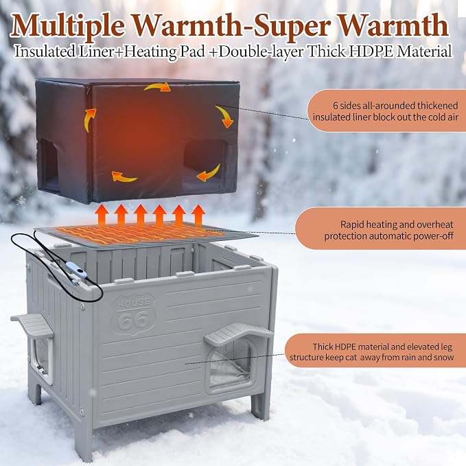 Insulated Heated Cat House for Outside,Large Cat Shelter for Multiple Cats | Insulated Heated Cat House ,Large Plastic Weatherproof Cat Shelter for Multiple Outdoor Feral Cats