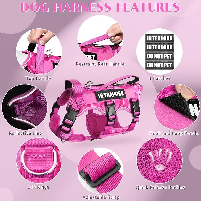Escape Proof Dog Harness with Double Handle+4 Removable Patches | Service Working Molle Harness with Double Handle for Small Dogs, Tactical Pet Reflective Vest for Walking Hiking Hunting