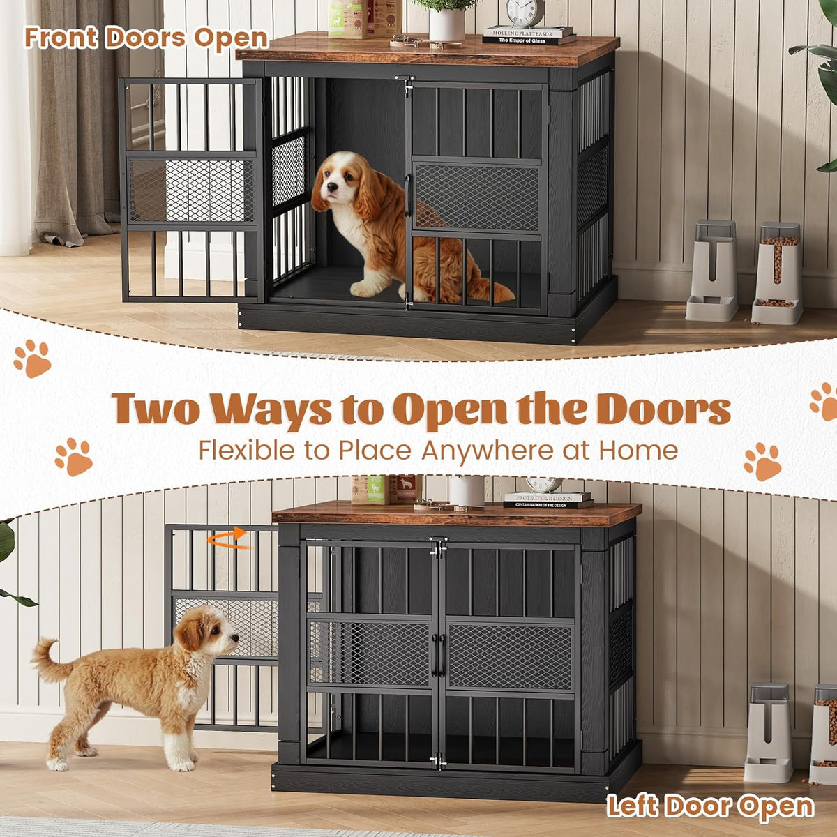 VOPEAK 27.5" Dog Crate Furniture, Chew Resistant Dog Crate for Small Dogs Puppy, Heavy Duty Dog Crates Dog Kennel Cage Indoor with Double Doors, Wooden End Table for Bedroom Living Room, Black
