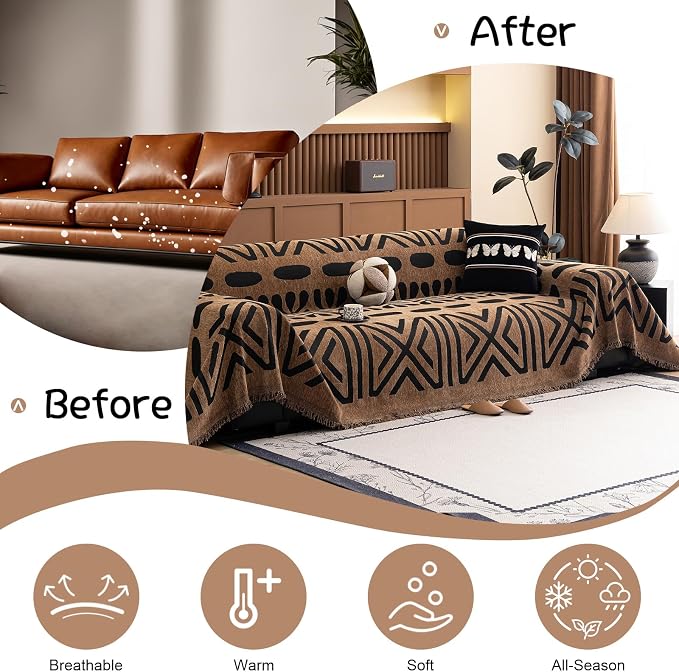 VClife Couch Cover Bohemian Morroccan Sofa Cover Washable Sofa Slipcover for 3 Cushion Couch Sofa Non Slip Soft Chenille Furniture Protector Modern Brown Black Slip Cover for Couch 71''x134''