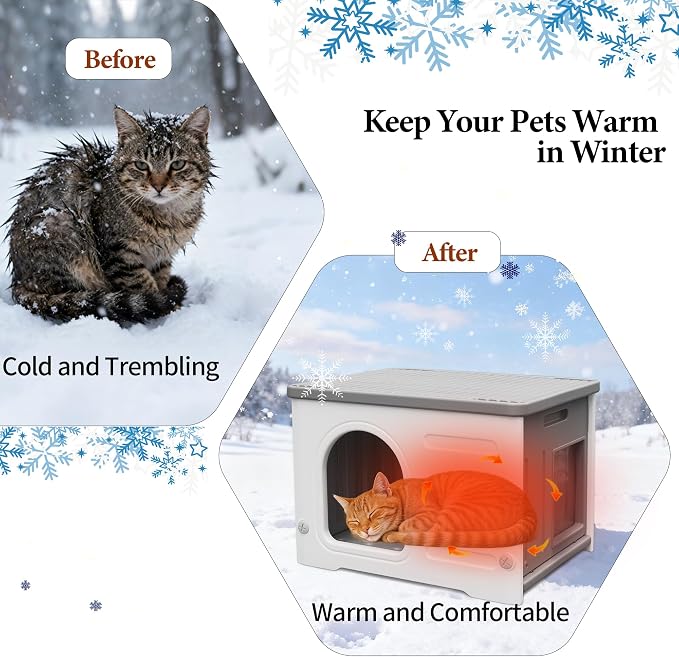 Insulated Cat House Outdoor Weatherpoof Plastic Cats Houses for Winter | with Escape Door Indoor Waterproof Feral/Pet Cat Shelter Outside for Puppy, Rabbit