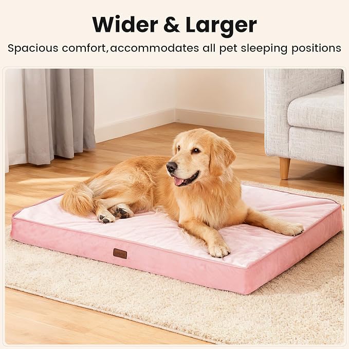 OhGeni Orthopedic Waterproof Dog Bed for Large Dogs, Machine-Washable Removable Cover in Easy-Clean Fabric, Reversible Memory Foam & Easy-Carry Handle, Wider and Larger, 44 inch (Pink)