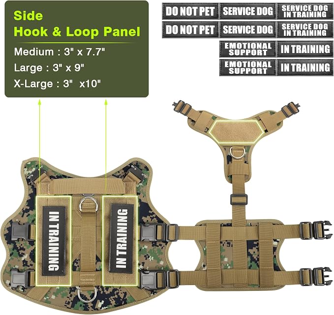 Service Dog Vest Harness for Large Dog, Tactical Working MOLLE Vest with 10 Pet Patches, No Pull Heavy Duty Harness for Training Hunting Walking