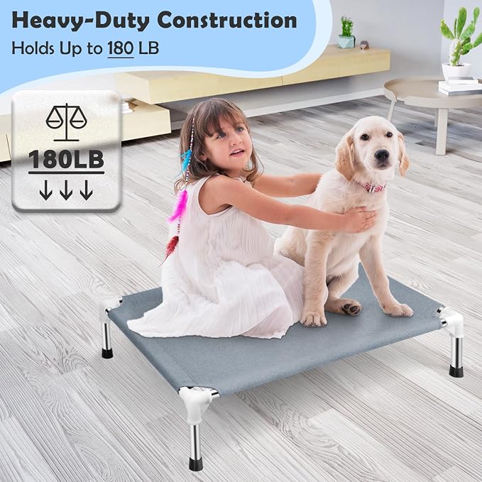 Elevated Dog Bed, Raised Outdoor Dog Bed for Medium Dogs, Portable Pet Cots | Cooling Elevated Bed for Dogs, Portable Pet Cots, No-Slip Rubber Feet, Double Layer Polyester Cotton, 34"L x 26"W x 6.5"H