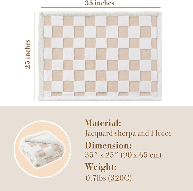 Ohocut Checkered Dog Blanket, Beige Khaki Jacquard Sherpa Blankets for Small Dog and Cats, Cute Aesthetic Style Fluffy Fleece Pets Blanket for Couch Protection Washable, 25"x35"