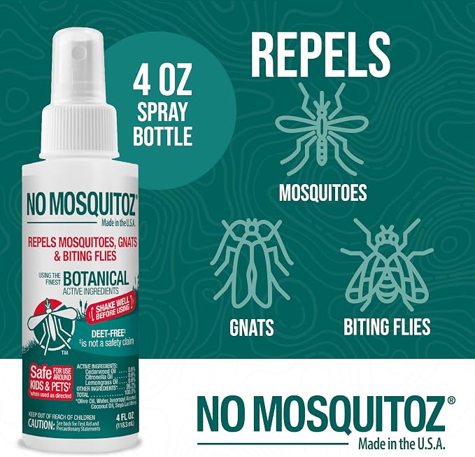 No Mosquitoz Botanical Insect Repellent, DEET-Free, Made with Natural Essential Oils, Non-Greasy Formula, Made in The USA, Woodsy Scent, 4 Ounce Spray Bottle
