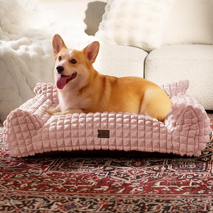 Cute Small & Medium Dog Couch Bed – Supportive & Fluffy Pet Sofa with Faux Rabbit Fur Washable Cover in 3D Diamond Pattern, 36" Pink