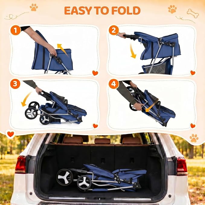 ZENY Foldable Pet Stroller, Cat/Dog Stroller with 4 Wheel, Pet Travel Carrier Strolling Cart with Storage Basket, Cup Holder (Navy Blue)