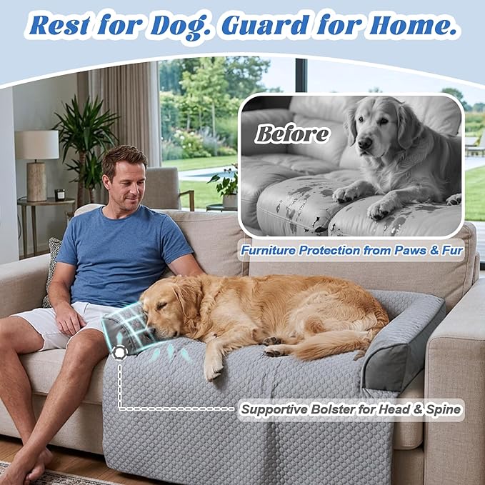 GGIB Cooling Dog Bed Mat with Bolster Pillow Washable Dog Couch Cover Breathable Summer Pet Couch Bed Protector Indoor(Large, Cooling Grey)