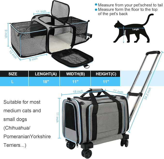 Pet Carrier Airline Approved, Expandable Pet Cat Carriers with Wheels for Dogs, Airline Approved Cat Dog Carrier, TSA Approved Pet Carrier in Cabin, Pet Dog Cat Carrier Soft, Cat Travel Carrier(Grey)