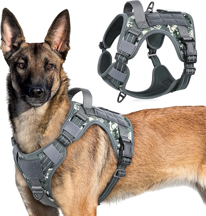 rabbitgoo Tactical Dog Harness for X-Large, No Pull Military Service Vest | Molle & Handle, Heavy Duty, Adjustable, Reflective Straps, Easy Control for Training Walking, Grey Camo, X-Large