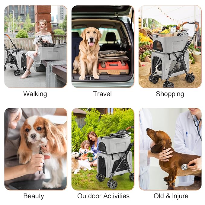 Double Pet Stroller with Detachable Carrier for Medium Small Dogs and Cats, Lightweight Dog Stroller Travel Carriage with No-Zip Canopy Storage Basket One-Click Folding and One-Foot Brake