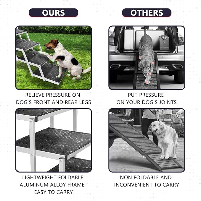 Dog Stairs with Nonslip Surface Portable Folding Pet Ramp for Car, SUV and Trucks Foldable Truck Ramp Stairs for Small to Large Size Dogs Up to 250LBS