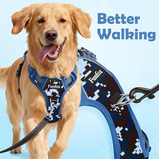 Dog Harness No Pull, Adjustable Pet Vest Harness, Super Soft Material with Vertical Handle Easy Control, Reflective Night Walking, 2 Leash Clips for XLarge Dogs, Mosaic Blue, XL