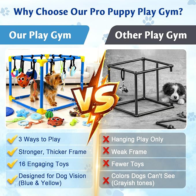 Puppy Play Gym with 16 Toys, Removable Dog Enrichment Playground, Interactive Indoor Training Activity Center for Small Dogs & Puppies, Teething & with Squeaky Toys, 12 Hanging Toys+4 Floor Toys