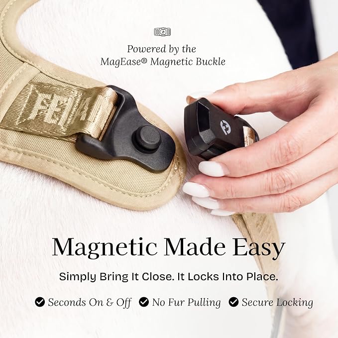 Fei & Eve Classic Dog Harness, MagEase Magnetic Buckle | 3-Point No-Pull Control, Dual Handle Support, 900D Nylon, Tactical Patch Panel, Heavy Duty, Large, Champagne