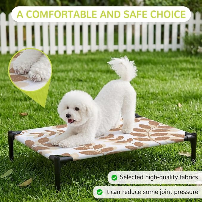 Outdoor Elevated Dog Bed for Large Dogs, Brown Leaves Breathable Cooling Raised Dog Cot for Indoor/Outdoor, Summer Farmhouse Botanical Leaf Branch Waterproof Elevated Pet Beds, L 28 x 22 in