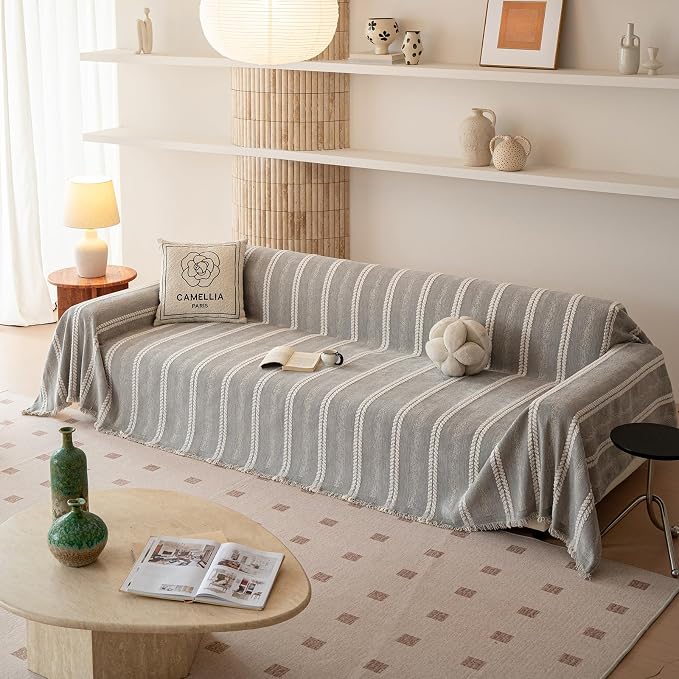 VClife Chenille Sofa Cover Bohemian Striped Pattern Couch Cover for 2 Cushion Sofa - Gray Creamy White Textured Sofa Slipcover Washable Furniture Protector for Couch Decorative Couch Cushion Cover