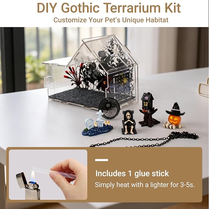 Acrylic Jumping Spider Enclosure Kit 16PCS with Decor | 19-pc gothic decor with dark plants, chain, hideout, for mantis & tarantula