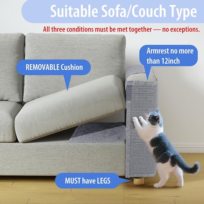Cat Scratch Couch Protector with Natural Sisal for Protecting Couch Sofa Chair Furniture 23.6" L*19.7" W(Smoke Gray, Left Hand)