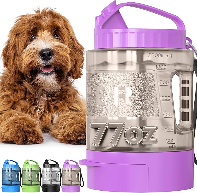 lesotc 77oz Dog Travel Water Bottle, Large Portable Dog Water Bowl Dispenser, Leakproof Pet Drinking Bottle Dispenser for Hiking Camping Walking Travelling Beach Car Trips, No Spill, BPA Free,Purple
