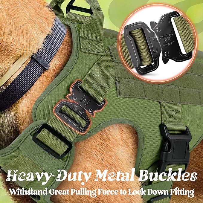 rabbitgoo Tactical Dog Harness for Large, Heavy Duty Military No Pull Vest | Sturdy Metal Buckles, 5 Adjustments, Molle System, Powerful Pullers for Training, Hunting, Outdoor, Green, Large