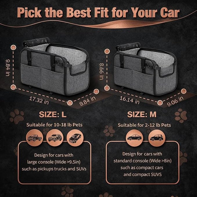 YUDODO Large Dog Car Seat for Center Console 10-18lbs, PU Booster Bed | Portable Puppy Cat Seat, Waterproof, Wipe Clean, Safe & Durable, Side Pockets, for Truck & SUV-Width>9.5in, Anti-Slip, Gray