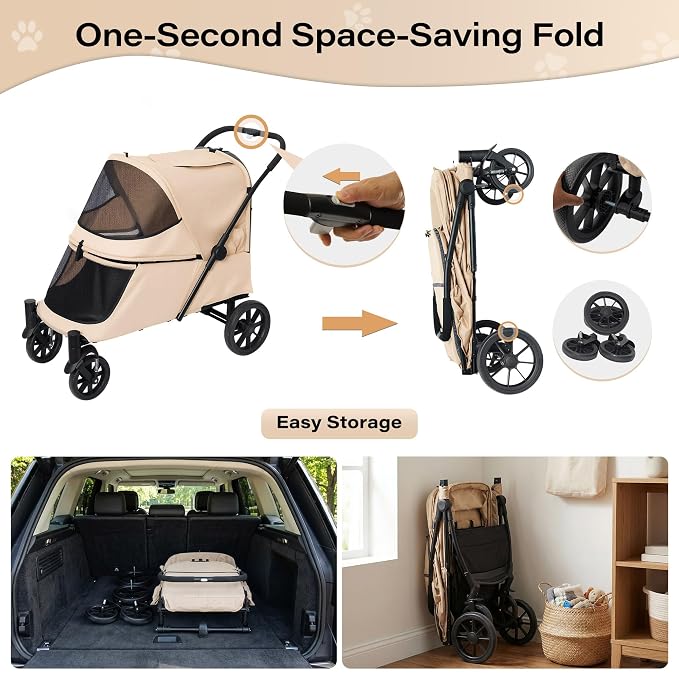 LAUSAINT HOME 4 Wheels Pet Stroller, Foldable Extra Large Dog Stroller for Medium & Large Dogs/Cats with Built-in Access Ramp, Dog Carrier Cat Stroller with Breathable Mesh, Khaki