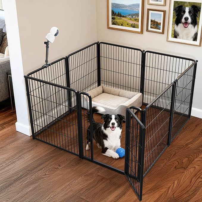 FXW Homeplus Indoor Dog Playpen with Camera Mount, 32" H, 8 Panels | Calm Indoor Play Area, Wider Viewing Angles with Stable Support, for Small & Medium Dogs, Patented