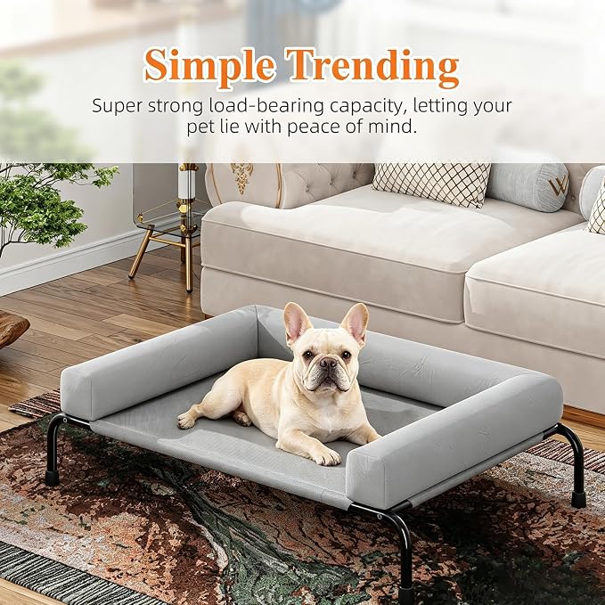 Simple Trending Elevated Dog Bed, Medium Dog Outdoor Cot, 36.5"x23.5", Grey | Cooling Raised Pet Bed, Removable & Washable Cover, Bolster Design, Breathable Mesh, Non-Slip Feet, Indoor & Outdoor Use
