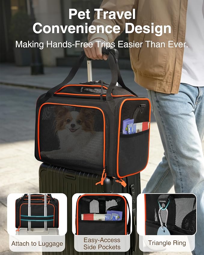 Expandable Cat Carrier Bag,Airline Approved Expandable Soft-Sided Pet Carrier(16"x 11"x 11") with Removable Pad,for Cats 12lbs,(Black Orange).
