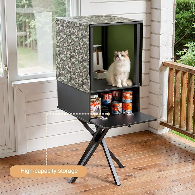 PAKASEPT Outdoor Cat Feeding Station with Camouflage Cover, Weatherproof Elevated Cat Feeder Shelter with Stand, Dog/Raccoon Proof Cat Food Storage Cabinet for Outside Feral Cats