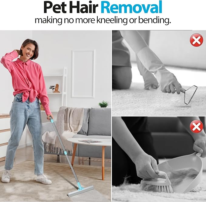Carpet Rake for Pet Hair Removal Tool, 2 in 1 TPU and Copper Rake Teeth, Dual-Action Hair Remover with 54’’ Adjustable Long Handle, Reusable Cat & Dog Fur Broom for Carpets,Rugs, Mats,Car