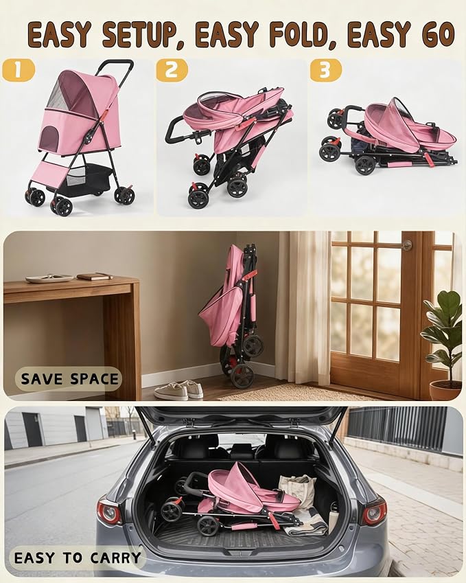 Pet Stroller for Small Medium Dogs Cats - Lightweight Foldable Dog Stroller | 33lbs, 4 Wheels All Terrain Cat Stroller, Breathable Mesh &Safety Tether, Storage Basket for Outdoor Walks, Pink Dog Stroller