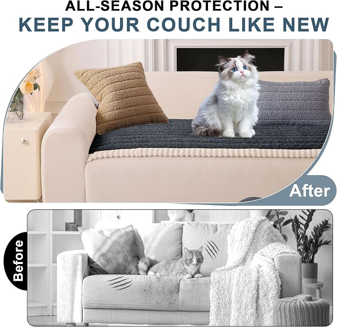 OTOB Sofa Covers for 3 Cushion Couch Washable, All Seasons Fuzzy Non Slip Kids & Pet Friendly Dog Bed Mats Couch Cover, Soft Plush Sofa Slipcovers Furniture Protector (Dark Gray, 27.6" x 70.9'')