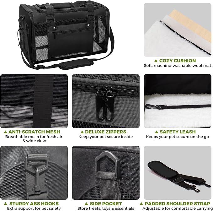 Soft-Sided Cat Carrier Expandable Pet Carrier Airline Approved Mesh Zipper with Lock Travel Carrier Up to 15lbs for Cats Dogs Collapsible Escape-Proof with Strap (18x11x11 Black-L)