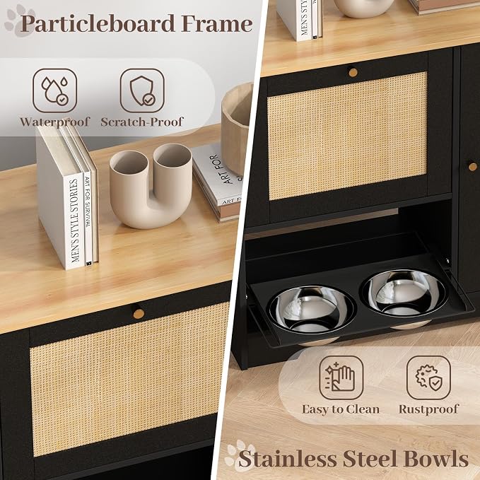 Rovibek Dog Food Storage Cabinet with 2 Raised Dog Bowls and Storage | Pet Food Cabinet Feeding Station and Dogs Food Storage Organizer with 3 Hooks for Living Room